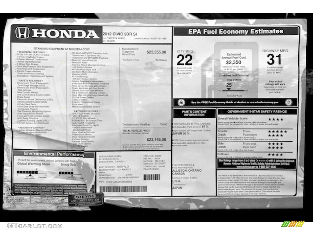 Honda factory window sticker
