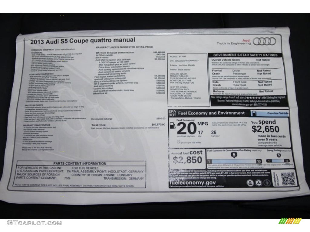 2013 Audi S5 3.0 TFSI quattro Coupe Window Sticker Photo #66206241
