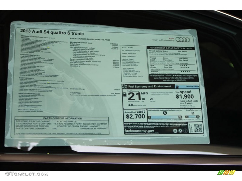 2013 Audi S4 3.0T quattro Sedan Window Sticker Photo #66206532