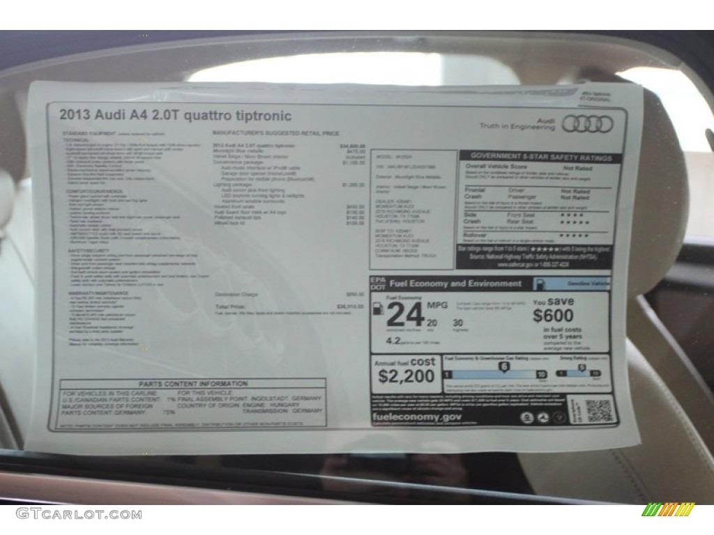 2013 Audi A4 2.0T quattro Sedan Window Sticker Photo #66206629