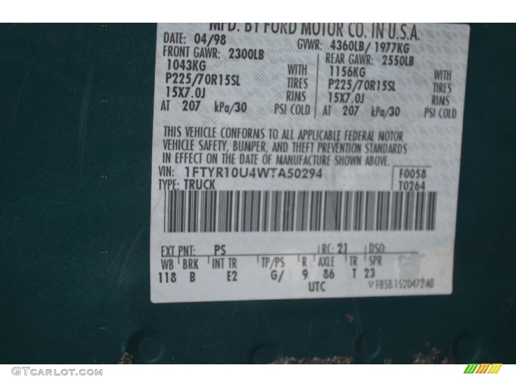 1998 Ranger Color Code PS for Pacific Green Metallic Photo #66209284