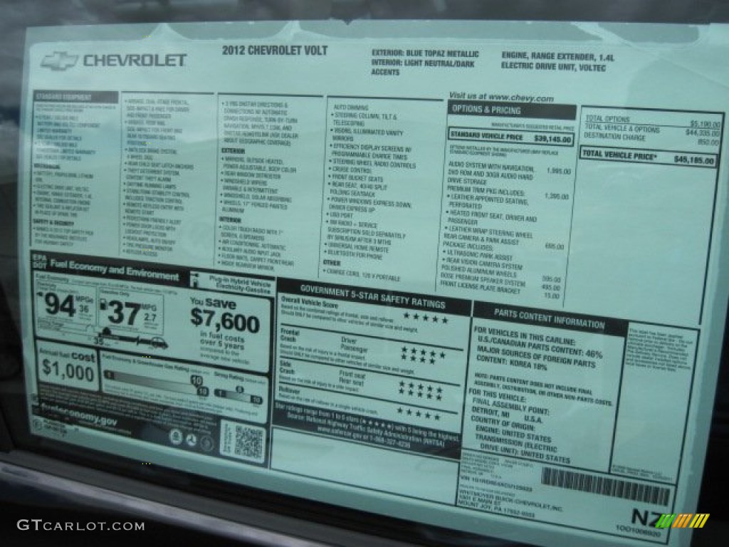 2012 Chevrolet Volt Hatchback Window Sticker Photo #66211903