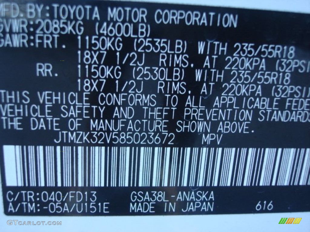 2008 Toyota RAV4 Sport V6 Color Code Photos