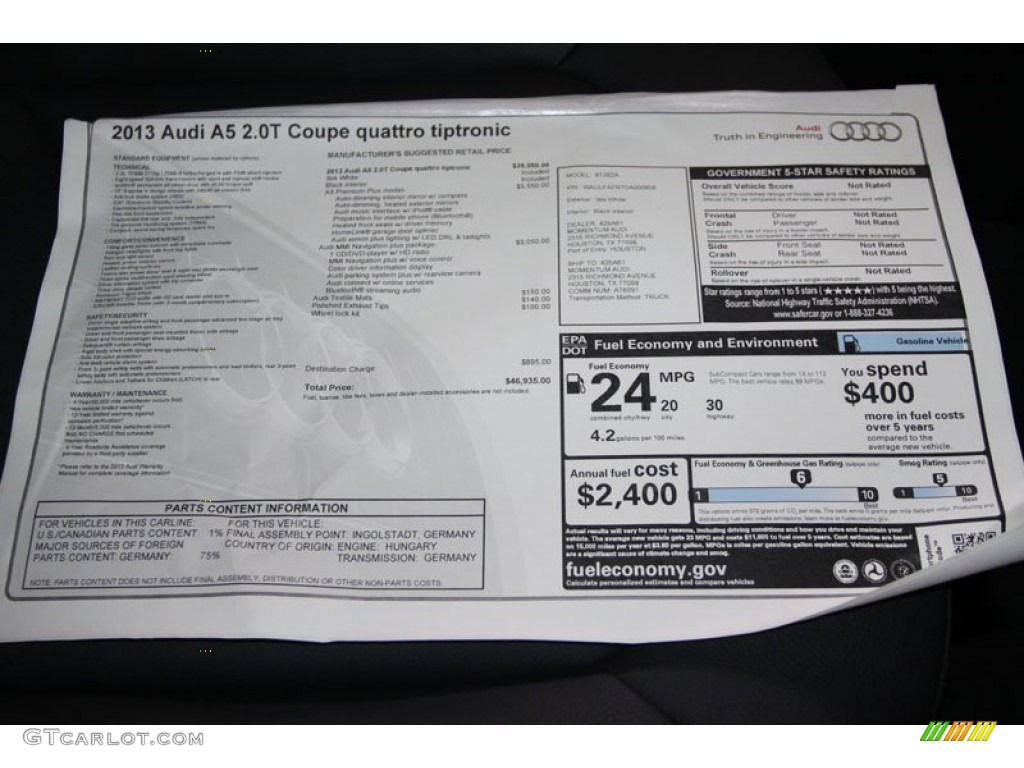 2013 Audi A5 2.0T quattro Coupe Window Sticker Photo #66223321