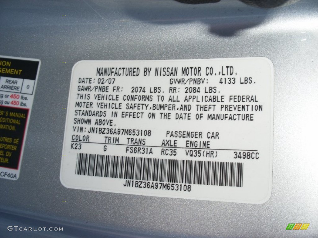 2007 350Z Color Code K23 for Silver Alloy Metallic Photo #66236906