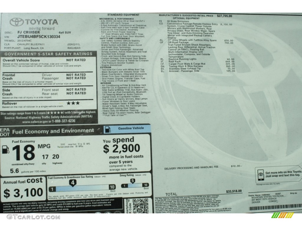 2012 Toyota FJ Cruiser 4WD Window Sticker Photo #66256844