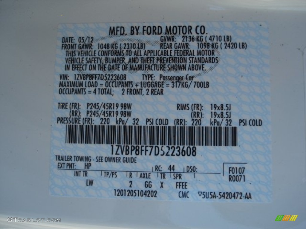 2013 Mustang Color Code HP for Performance White Photo #66286665
