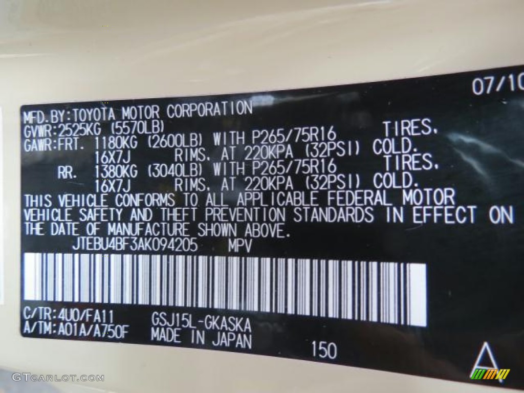2010 FJ Cruiser Color Code 4U0 for Sandstorm Photo #66292083