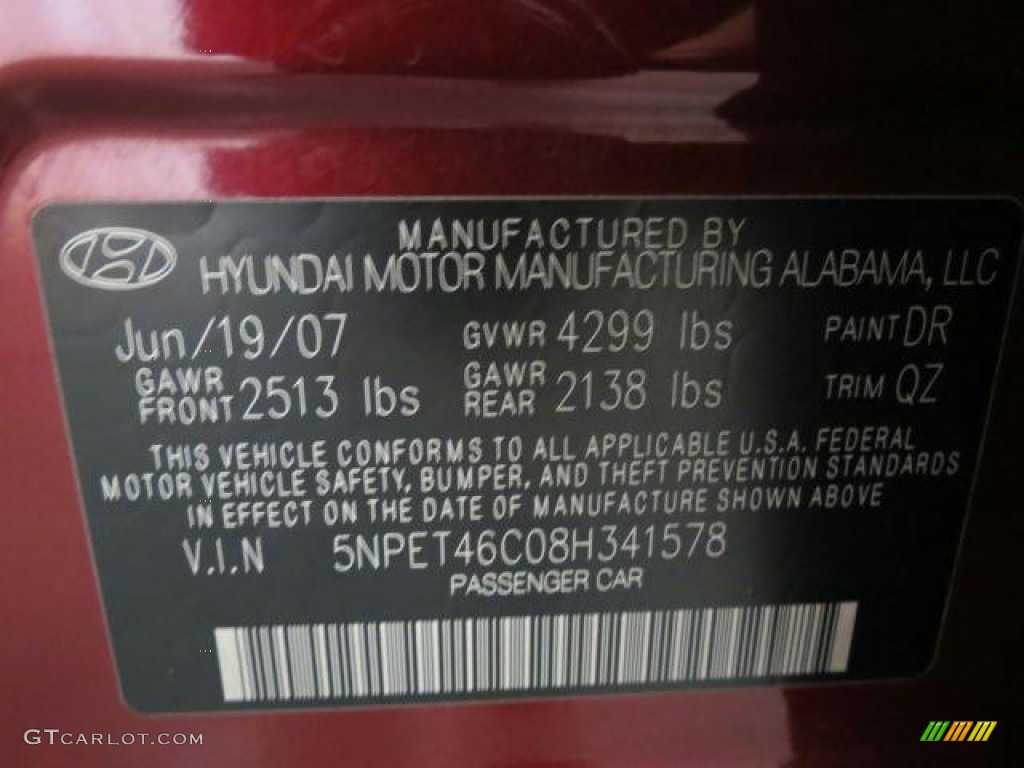 2008 Sonata Color Code DR for Dark Cherry Red Photo #66292572