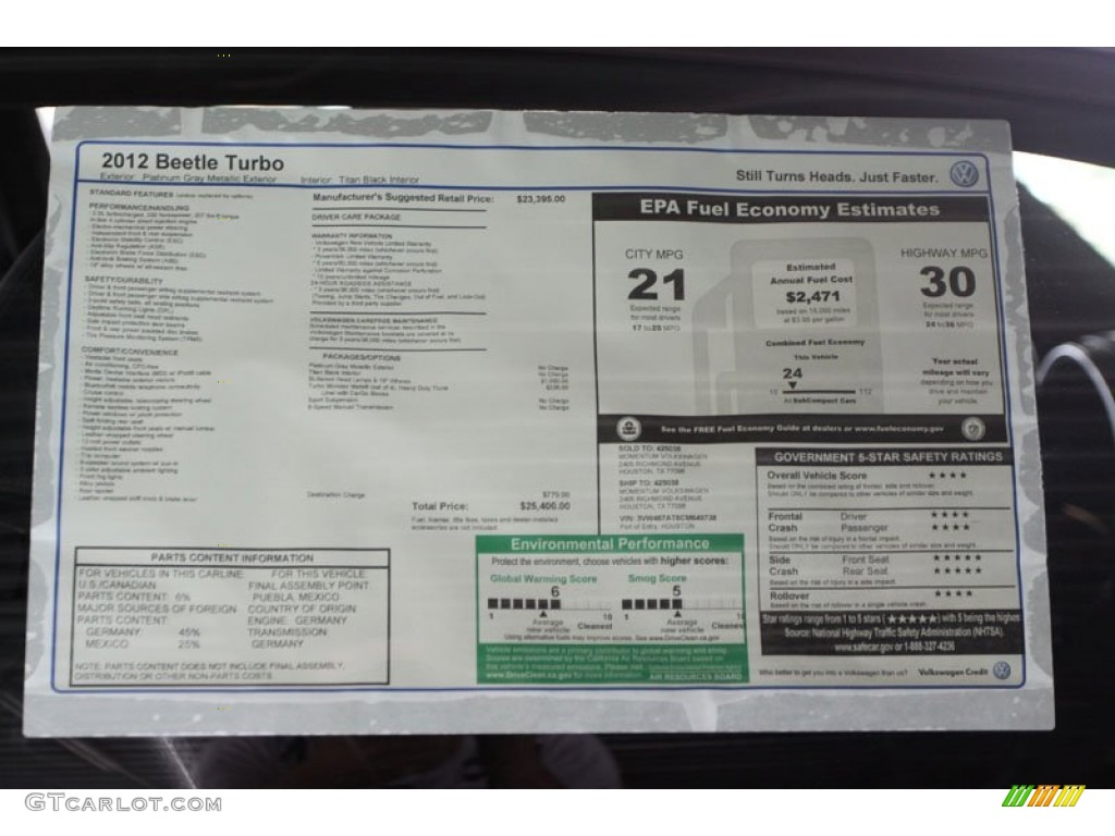 2012 Volkswagen Beetle Turbo Window Sticker Photo #66297302