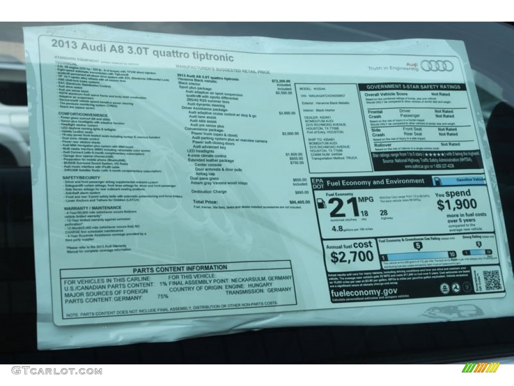 2013 Audi A8 3.0T quattro Window Sticker Photo #66300737