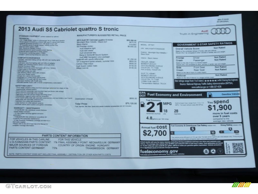 2013 Audi S5 3.0 TFSI quattro Convertible Window Sticker Photo #66301109