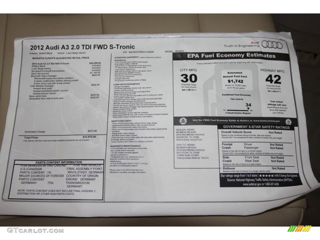 2012 Audi A3 2.0 TDI Window Sticker Photo #66302117