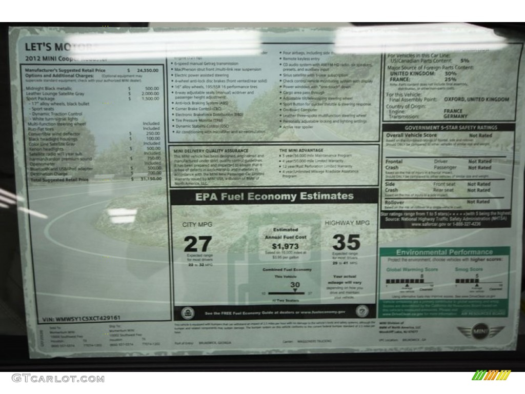 2012 Mini Cooper Roadster Window Sticker Photo #66308006