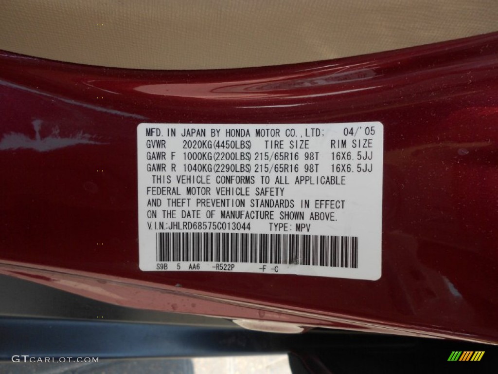 2005 CR-V Color Code R522P for Redondo Red Pearl Photo #66314880