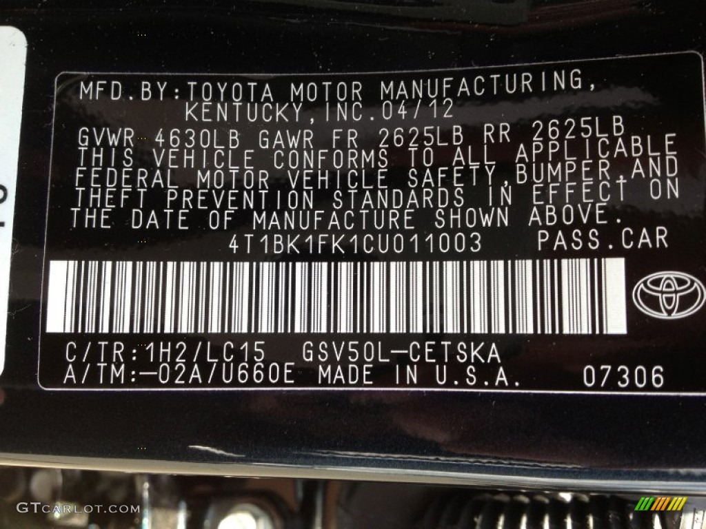 2012 Camry Color Code 1H2 for Cosmic Gray Mica Photo #66321144