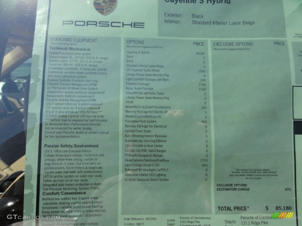 2012 Porsche Cayenne S Hybrid Window Sticker Photo #66322760