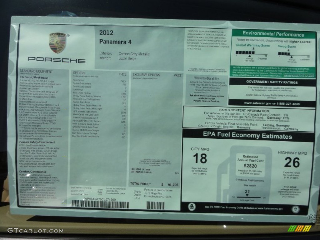 2012 Porsche Panamera 4 Window Sticker Photo #66323451