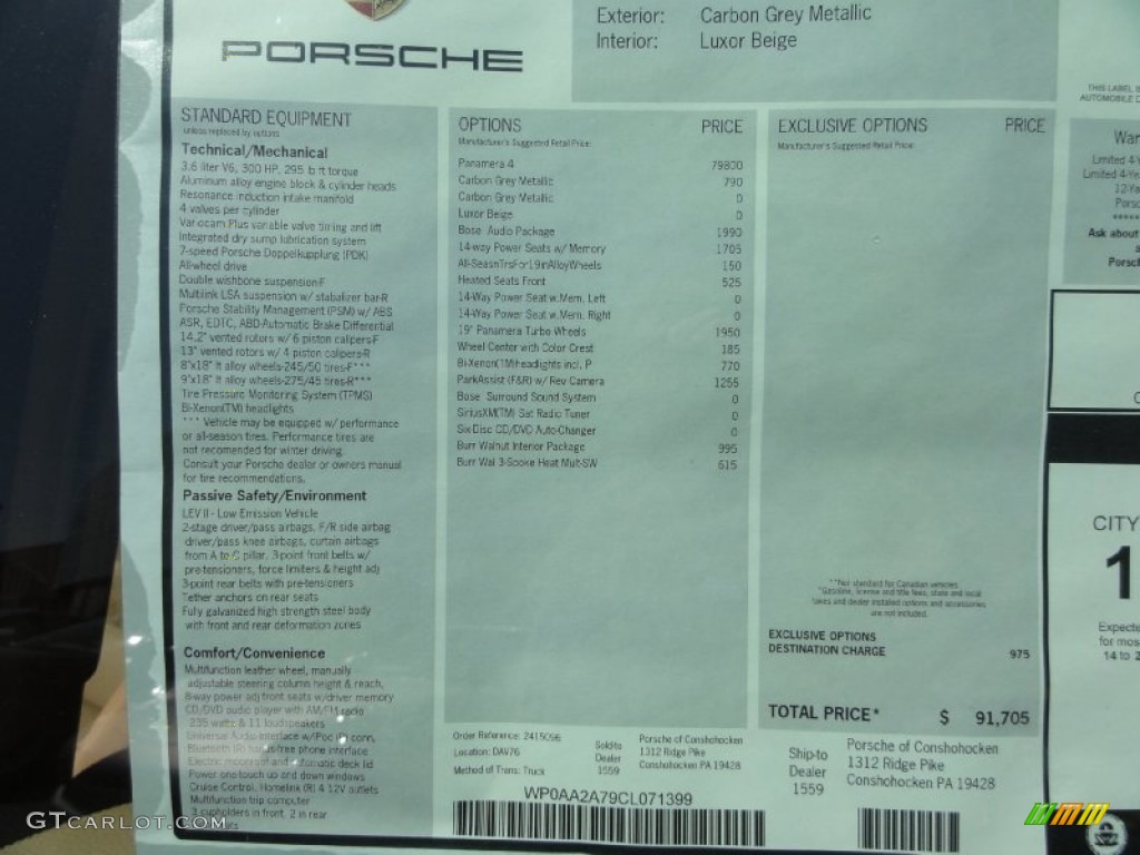 2012 Porsche Panamera 4 Window Sticker Photo #66323463
