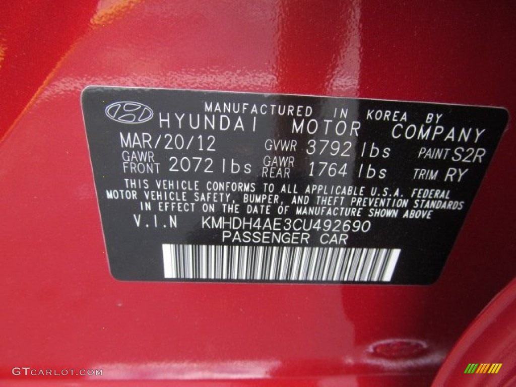 2012 Elantra Color Code S2R for Red Allure Photo #66329544
