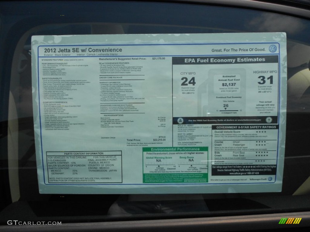 2012 Volkswagen Jetta SE Sedan Window Sticker Photo #66368573