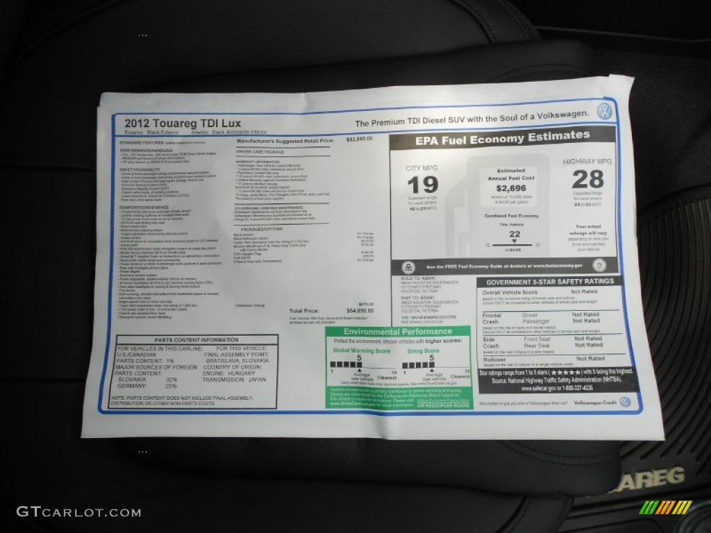 2012 Volkswagen Touareg TDI Lux 4XMotion Window Sticker Photo #66372449