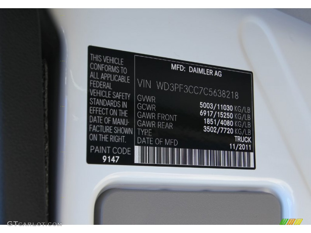 2012 Mercedes-Benz Sprinter 3500 High Roof Cargo Van Color Code Photos