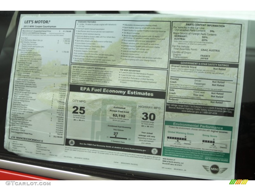 2012 Mini Cooper Countryman Window Sticker Photo #66426973