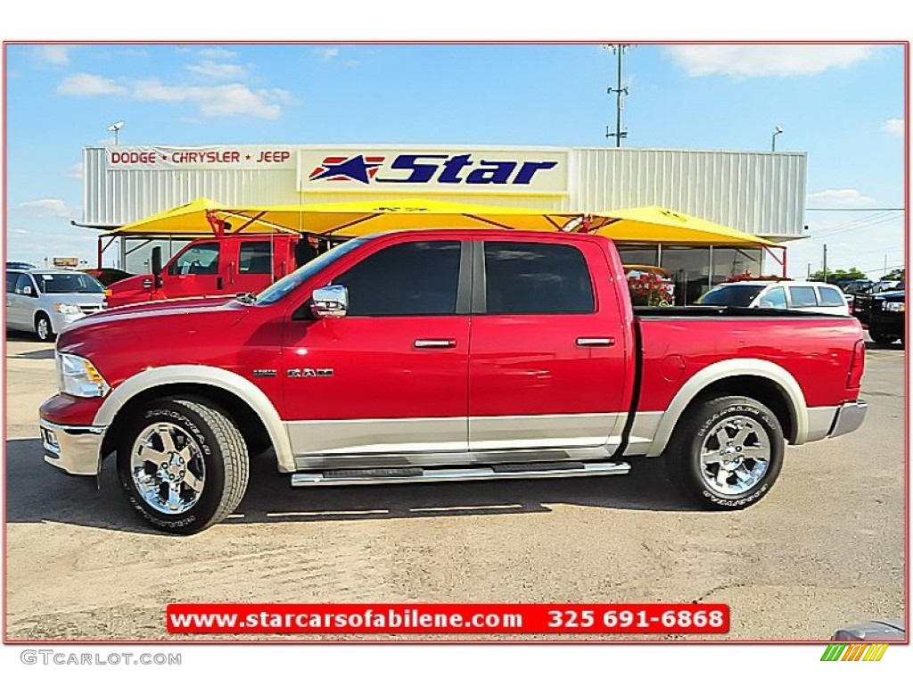 2010 Ram 1500 Laramie Crew Cab - Inferno Red Crystal Pearl / Light Pebble Beige/Bark Brown photo #2