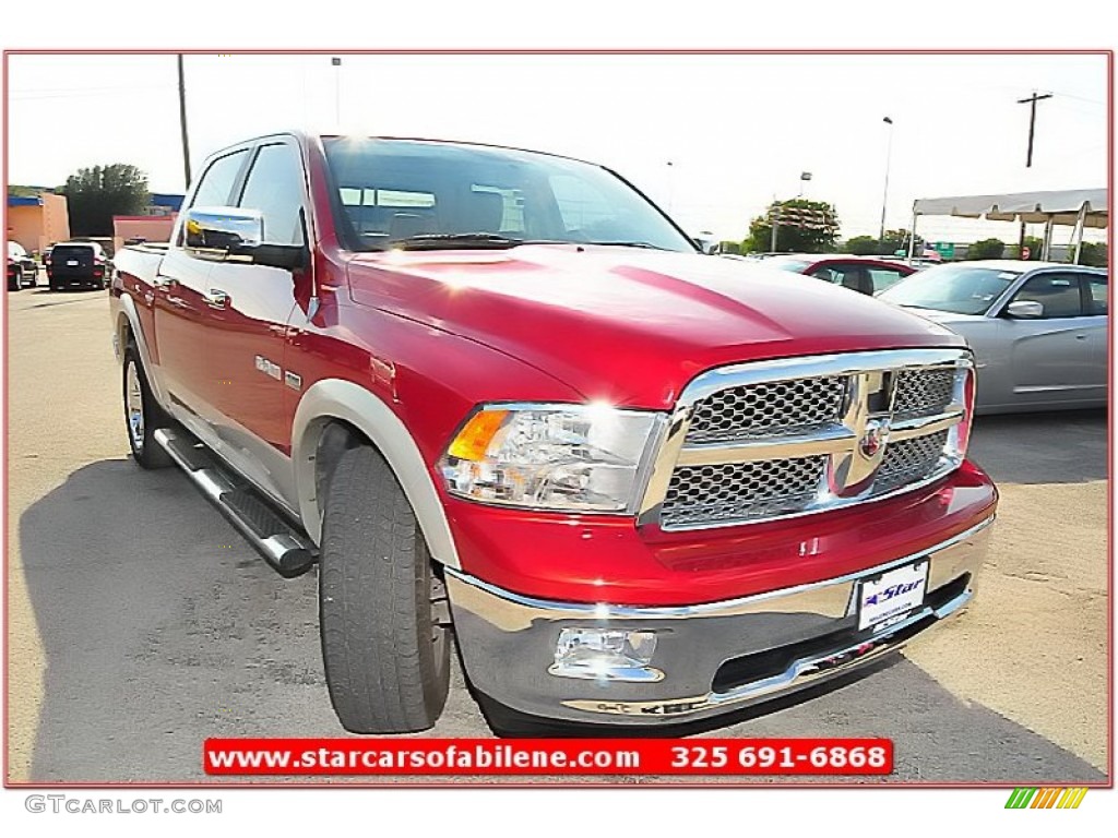 2010 Ram 1500 Laramie Crew Cab - Inferno Red Crystal Pearl / Light Pebble Beige/Bark Brown photo #12