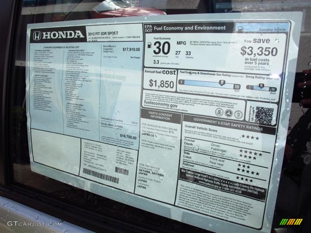 2012 Honda Fit Sport Window Sticker Photo #66432056