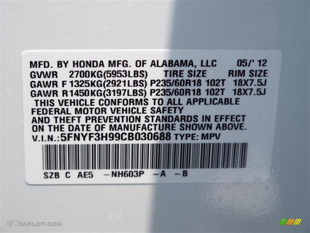 2012 Pilot Color Code NH603P for White Diamond Pearl Photo #66432524
