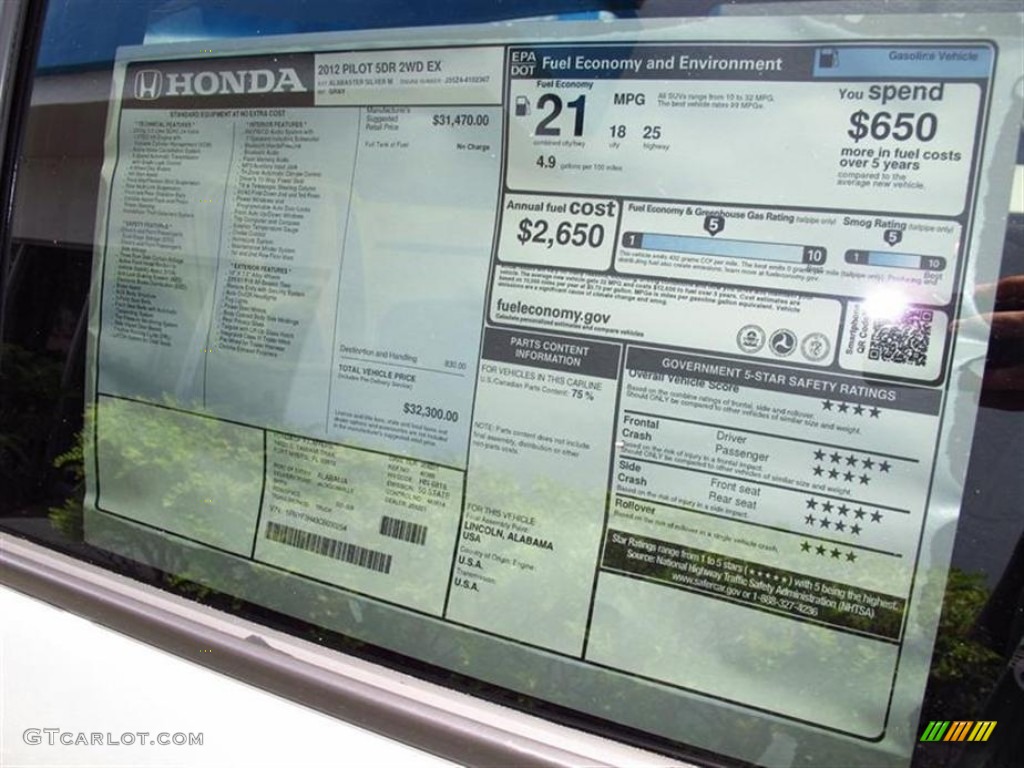2012 Honda Pilot EX Window Sticker Photo #66432710