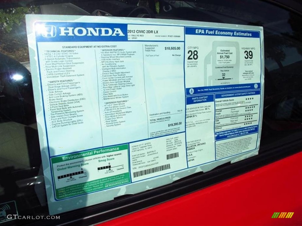 2012 Civic LX Coupe - Rallye Red / Gray photo #9