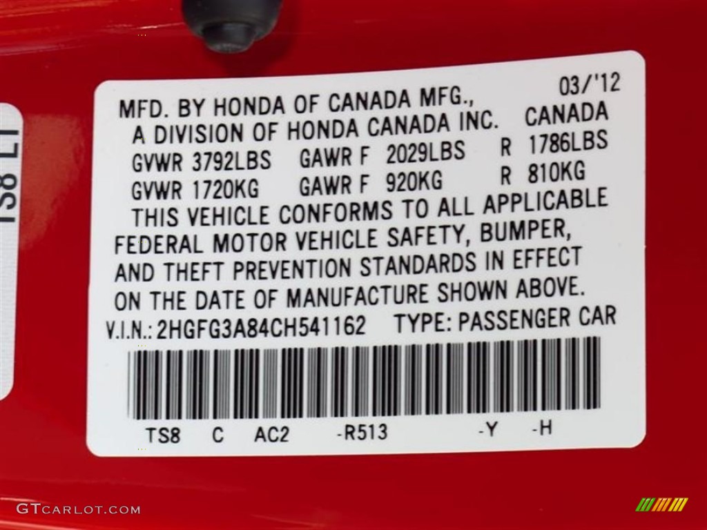 2012 Civic Color Code R513 for Rallye Red Photo #66436895