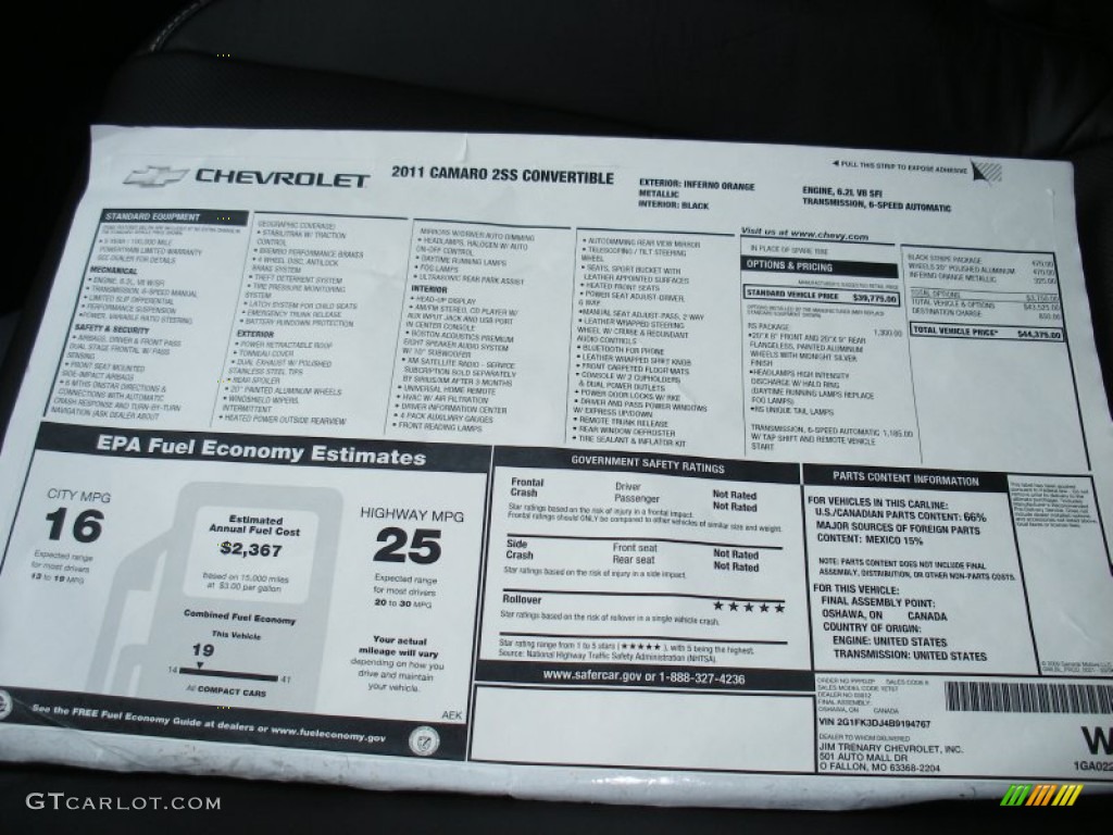2011 Chevrolet Camaro SS/RS Convertible Window Sticker Photo #66444681