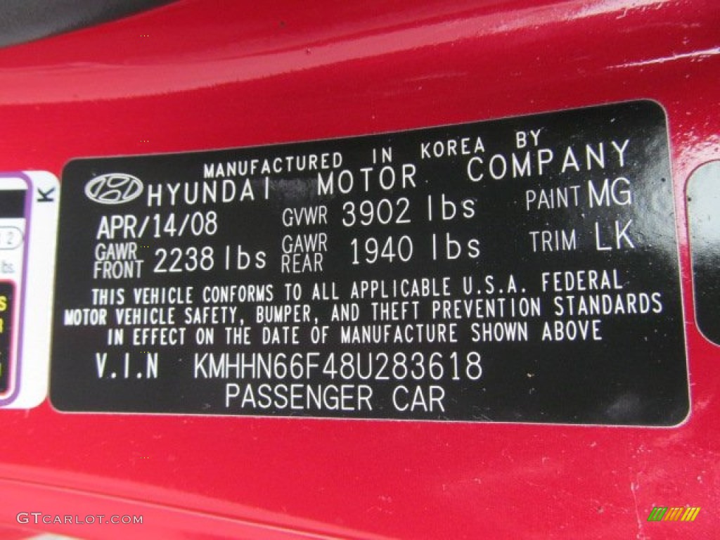 2008 Hyundai Tiburon GT Color Code Photos