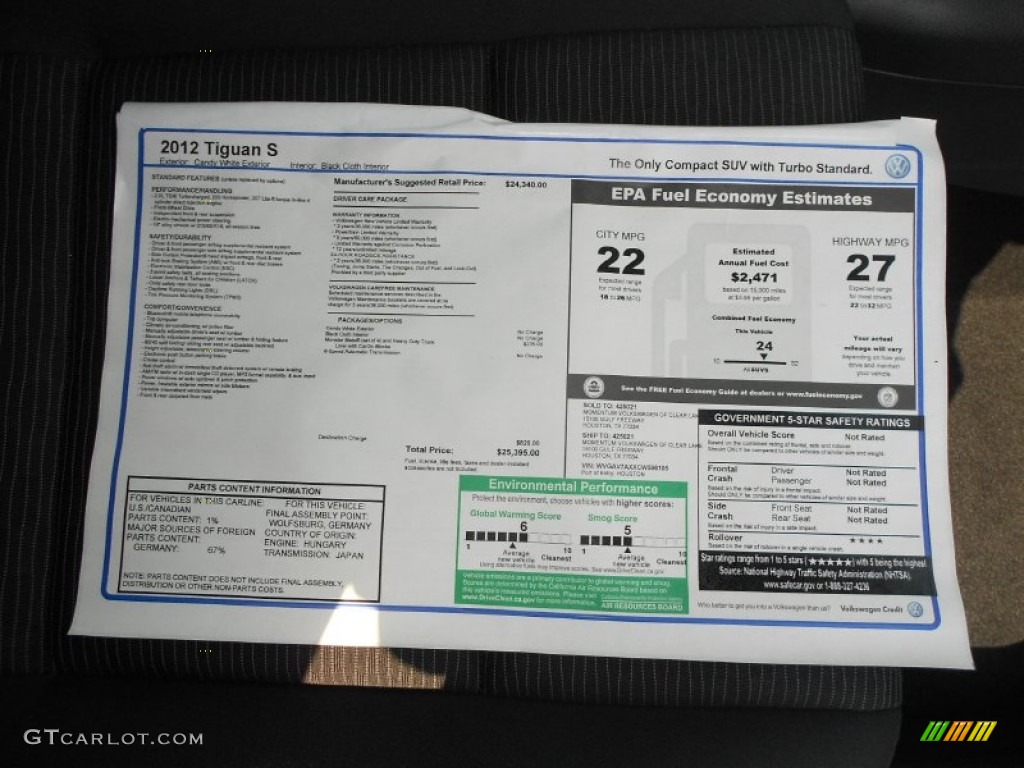 2012 Volkswagen Tiguan S Window Sticker Photo #66455967