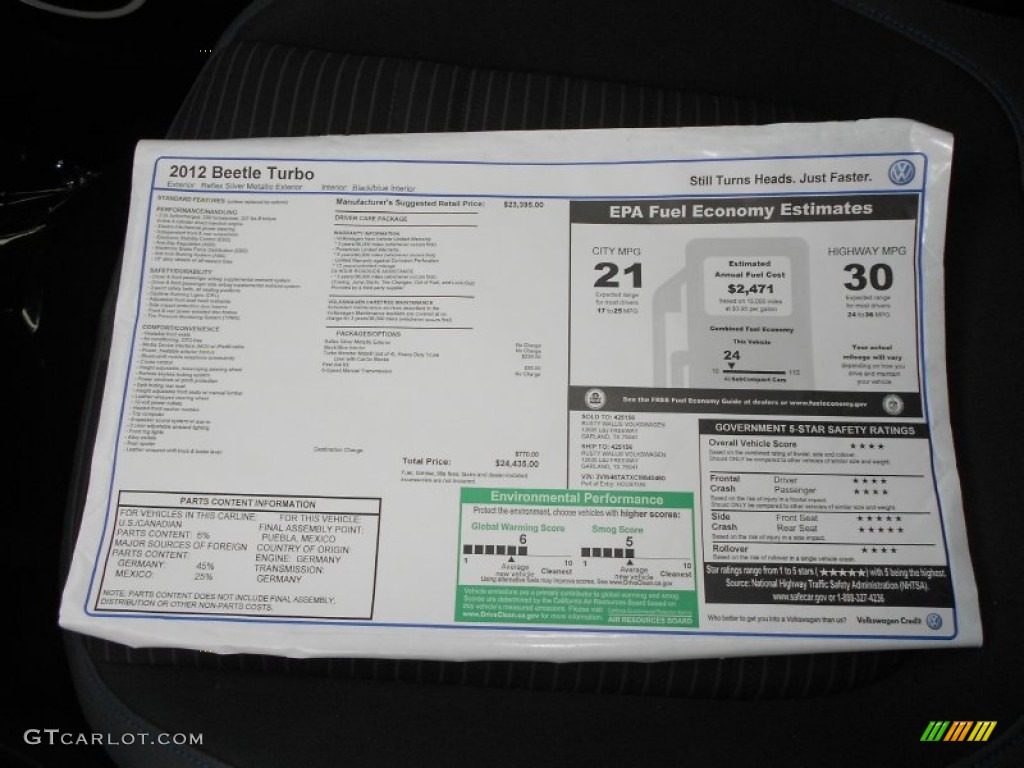 2012 Volkswagen Beetle Turbo Window Sticker Photo #66456129