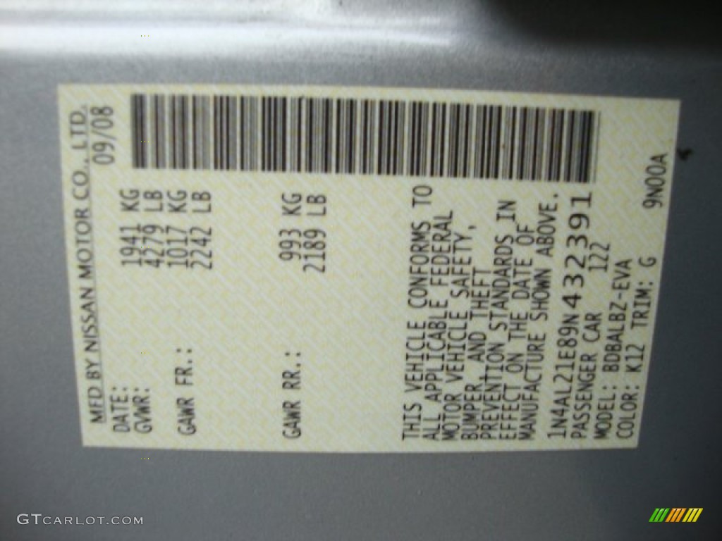 2009 Altima Color Code K12 for Radiant Silver Metallic Photo #66456354