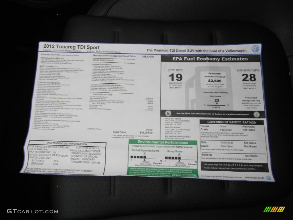 2012 Volkswagen Touareg TDI Sport 4XMotion Window Sticker Photo #66457026