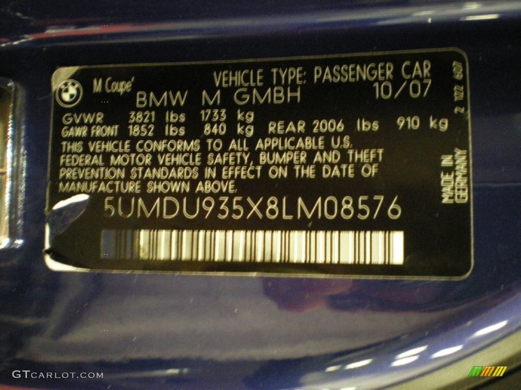 2008 BMW M Coupe Info Tag Photo #66460392