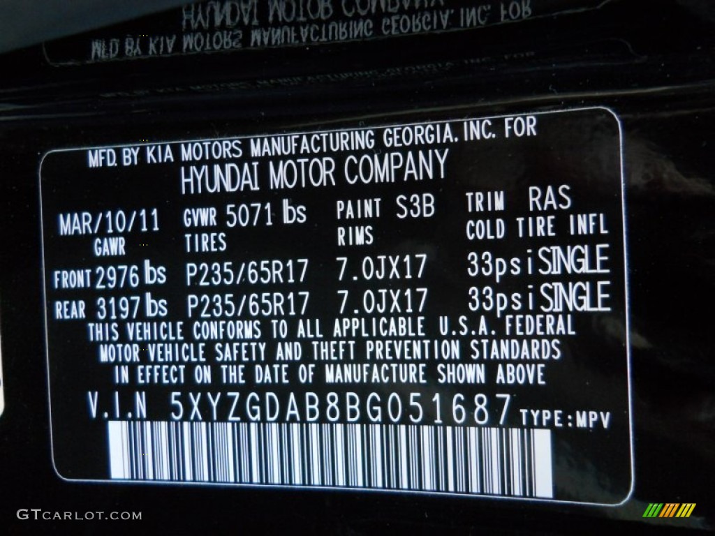 2011 Santa Fe Color Code S3B for Phantom Black Metallic Photo #66460842