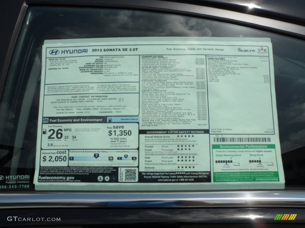 2013 Hyundai Sonata SE 2.0T Window Sticker Photo #66465633