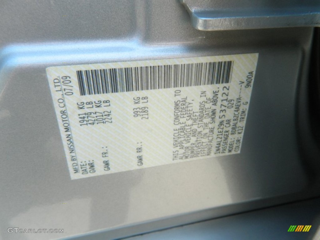 2009 Altima Color Code K12 for Radiant Silver Metallic Photo #66481509
