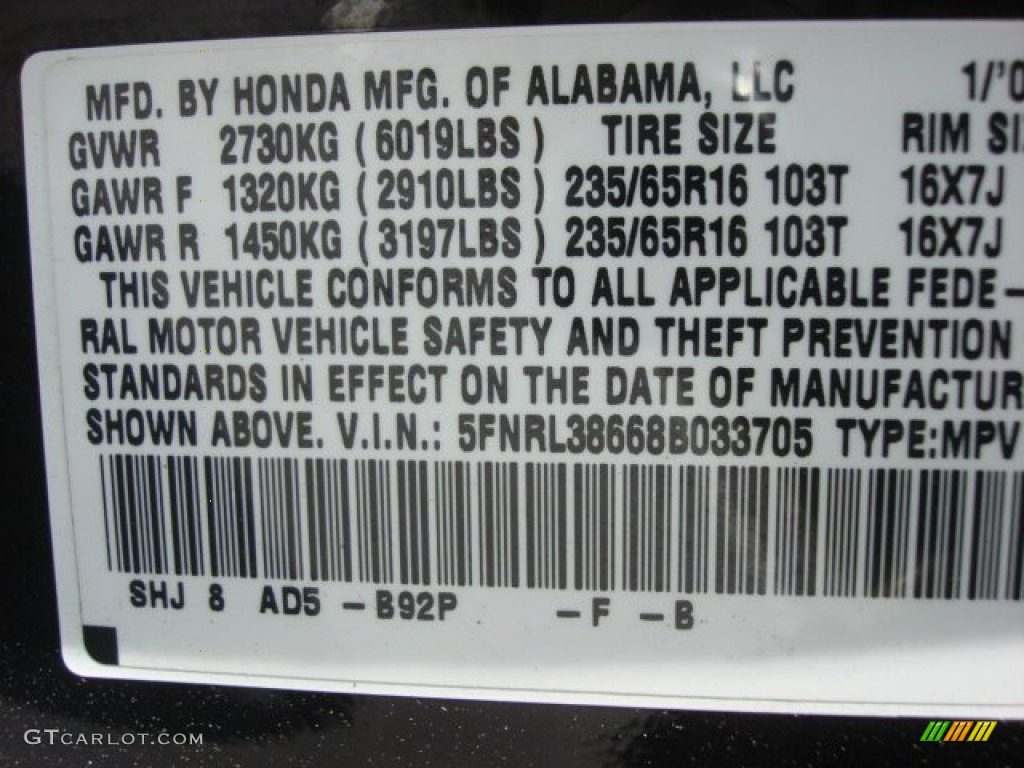 2008 Odyssey Color Code B92P for Nighthawk Black Pearl Photo #66492744