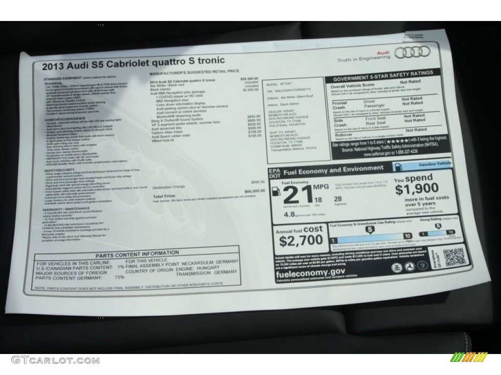 2013 Audi S5 3.0 TFSI quattro Convertible Window Sticker Photo #66499689