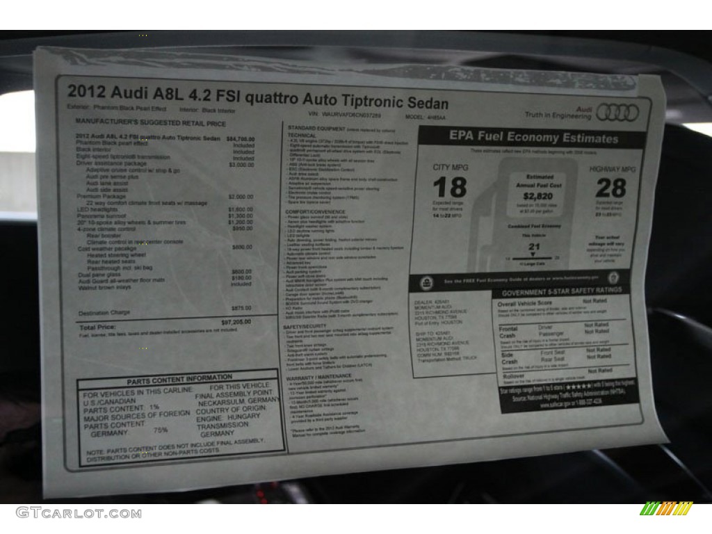 2012 Audi A8 L 4.2 quattro Window Sticker Photo #66500439