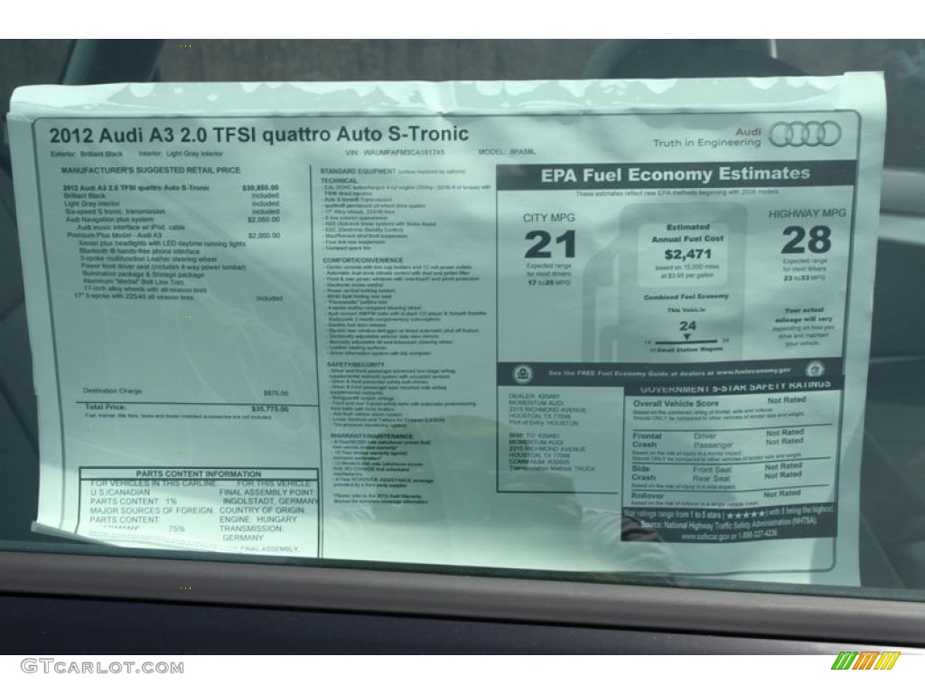 2012 Audi A3 2.0T quattro Window Sticker Photos