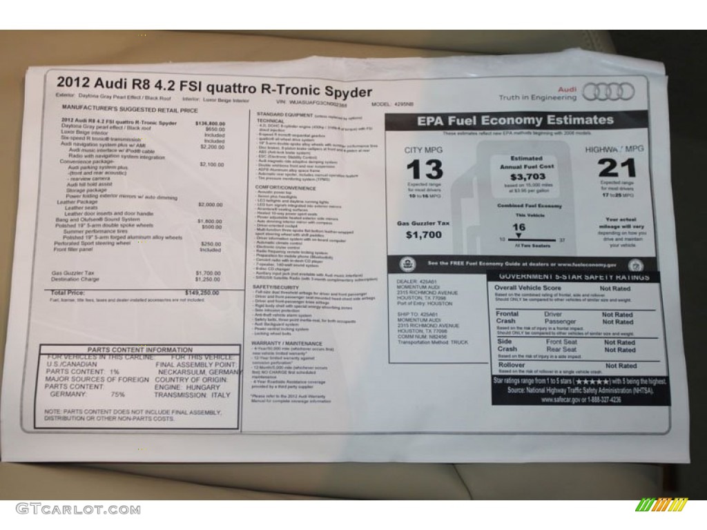 2012 Audi R8 Spyder 4.2 FSI quattro Window Sticker Photo #66500901